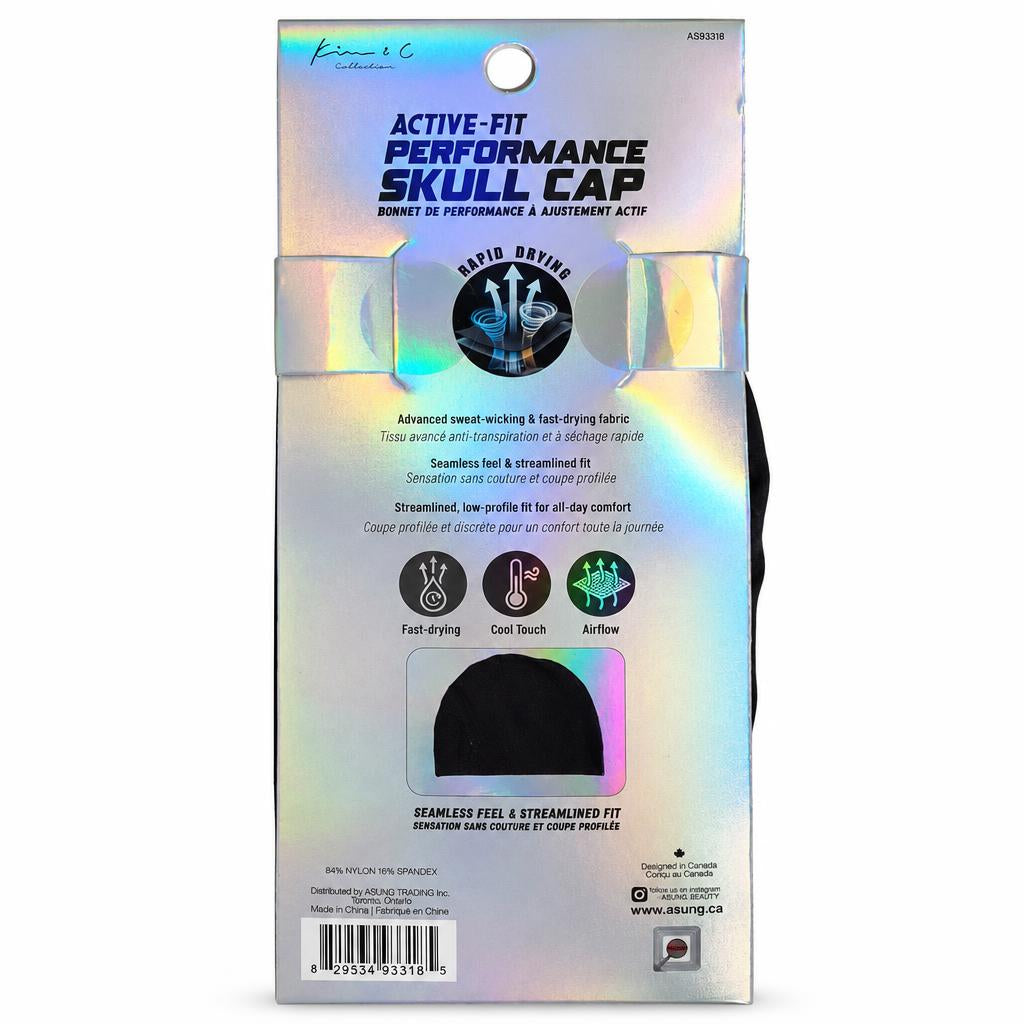 The back of the retail packaging for the Surge Active-Fit Performance Skull Cap, featuring product details, features icons, and a black circular cutout showing the inner product.
