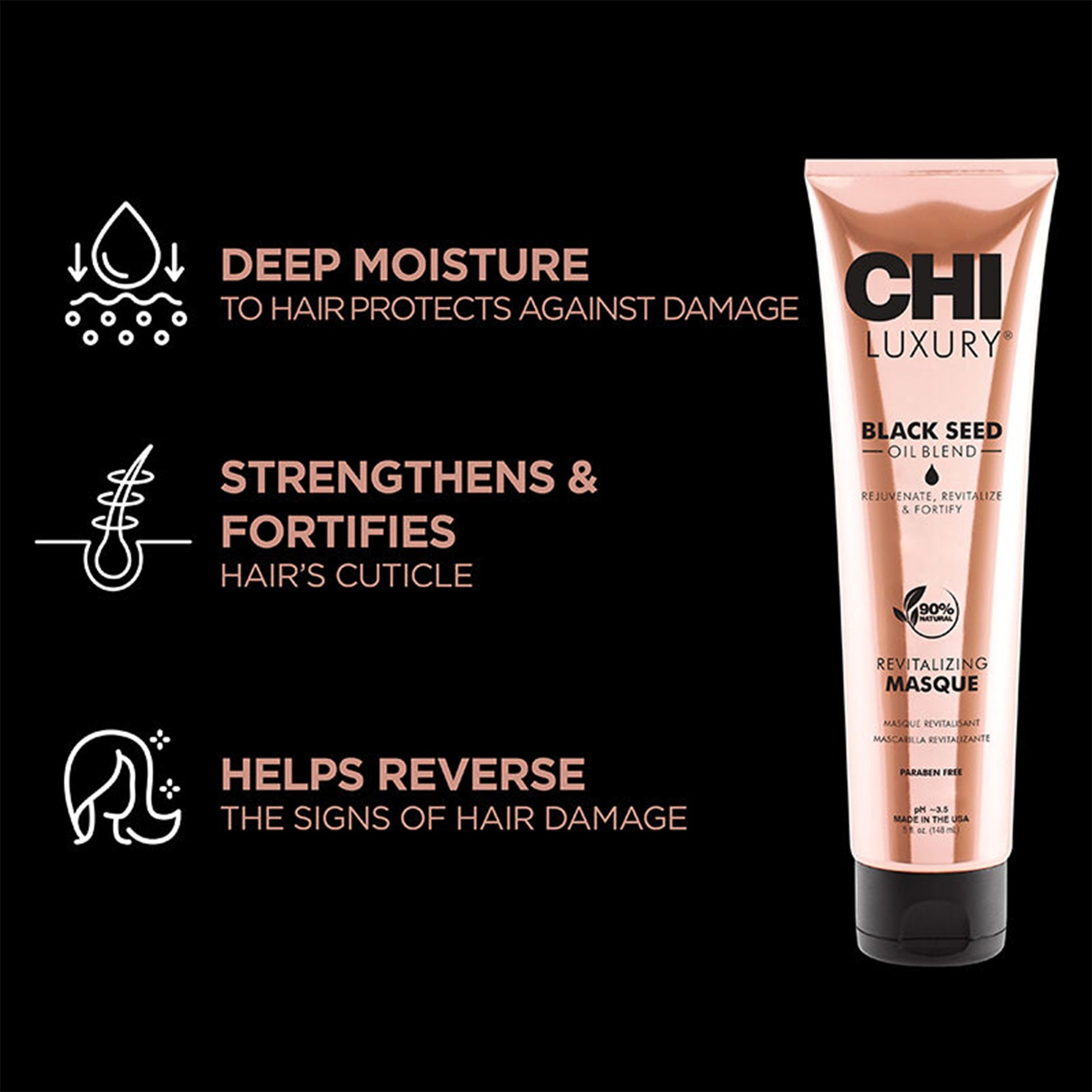 CHI Luxury Black Seed Oil Blend Masque tube with benefits on a black background