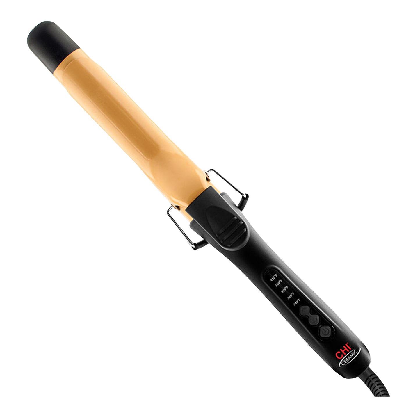 Curling iron with black and orange design on a white background