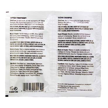 Back of a shampoo packet with text and a barcode on a white background