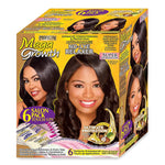 Mega Growth No-Lye Relaxer box packaging, featuring a bright yellow and orange design with promotional text and photos of models with styled hair.