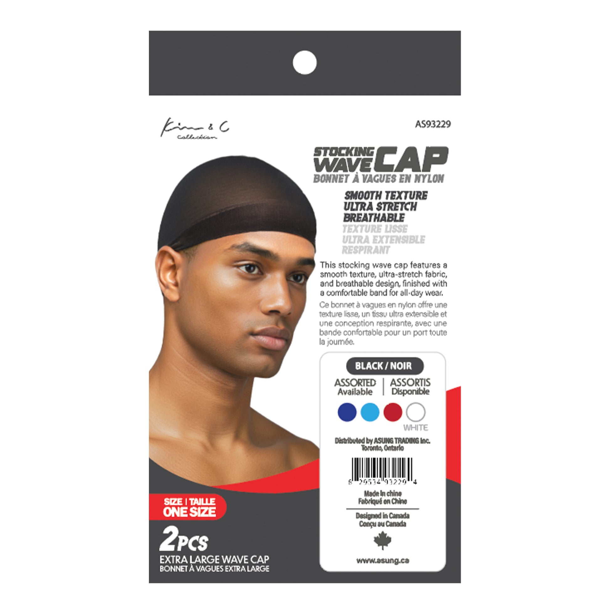 Stocking wave cap packaging with a mannequin head wearing a black cap and product details on a white background.