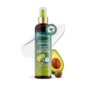 Mielle Avocado & Tamanu leave-in conditioner bottle with avocado and tamanu seed on a white background