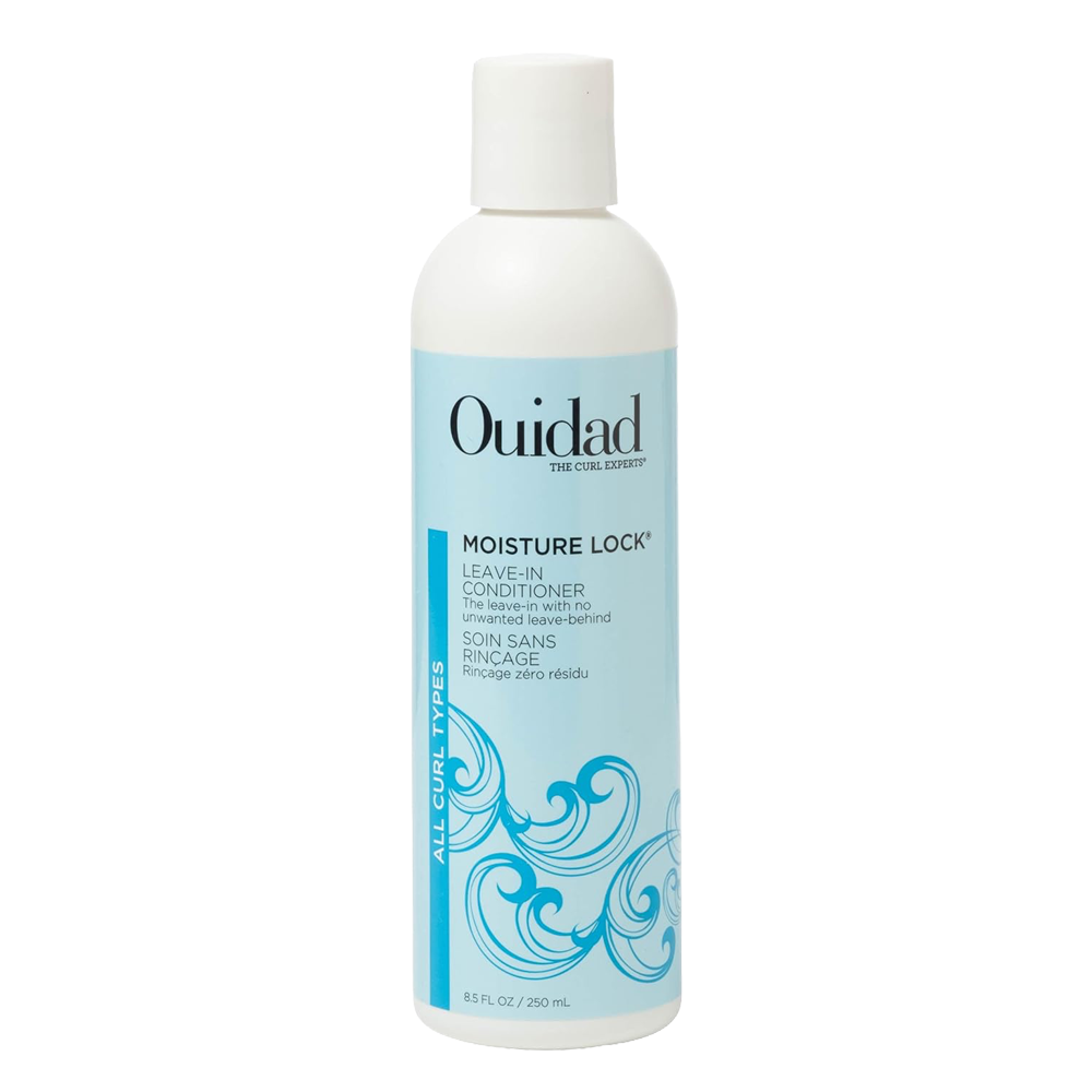 A white bottle of Ouidad Moisture Lock Leave-In Conditioner with a light blue label and white cap, shown on a plain white background.