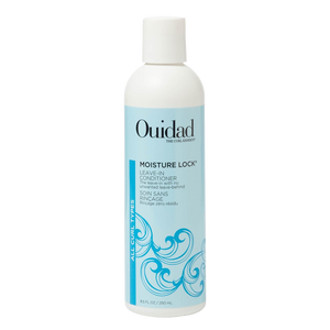 A white bottle of Ouidad Moisture Lock Leave-In Conditioner with a light blue label and white cap, shown on a plain white background.