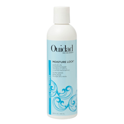 A white bottle of Ouidad Moisture Lock Leave-In Conditioner with a light blue label and white cap, shown on a plain white background.