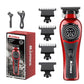 Red and black hair trimmer set with attachments and packaging on a white background