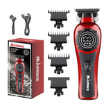 Red and black hair trimmer set with attachments and packaging on a white background