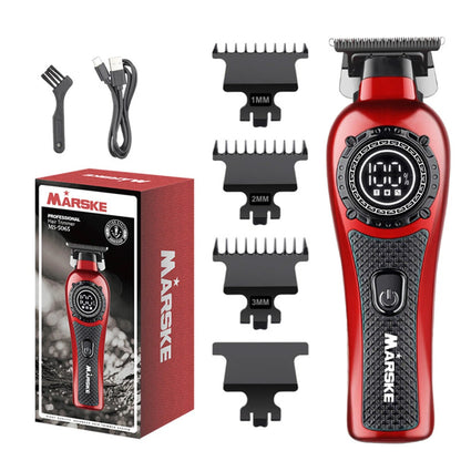 Red and black hair trimmer set with attachments and packaging on a white background