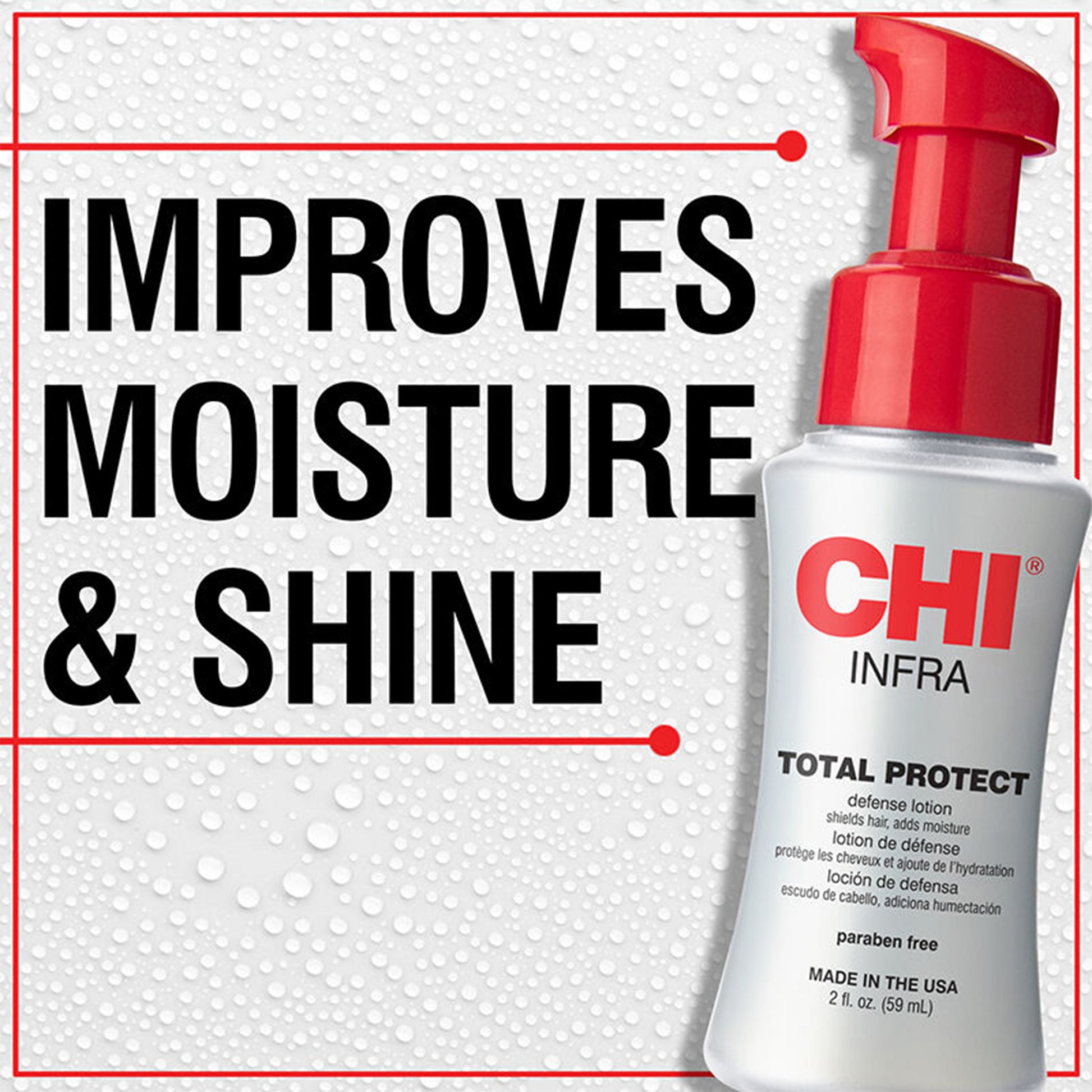 CHI Infra Total Protect lotion bottle with text about improving moisture and shine on a white background.
