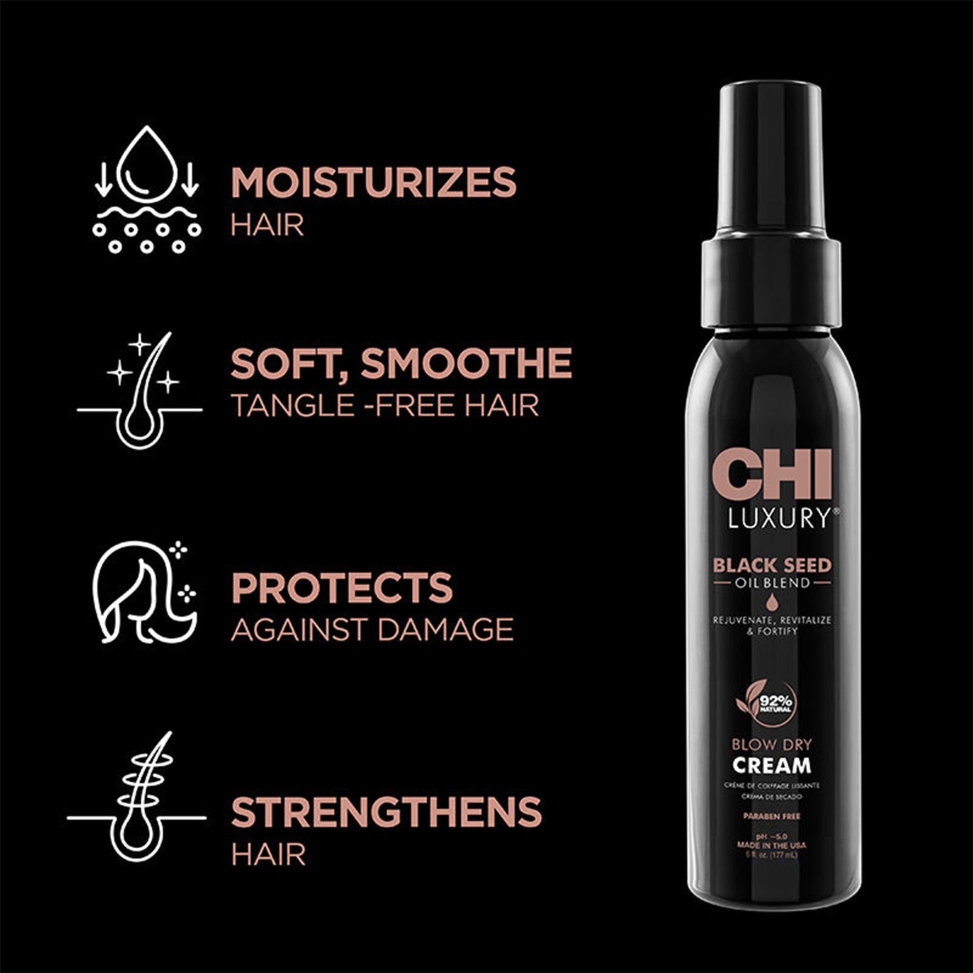 CHI Luxury Black Seed Oil Blend bottle with hair care benefits on a black background