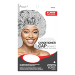 Self-warming conditioner cap bonnet packaging with a model wearing the cap on a white background.