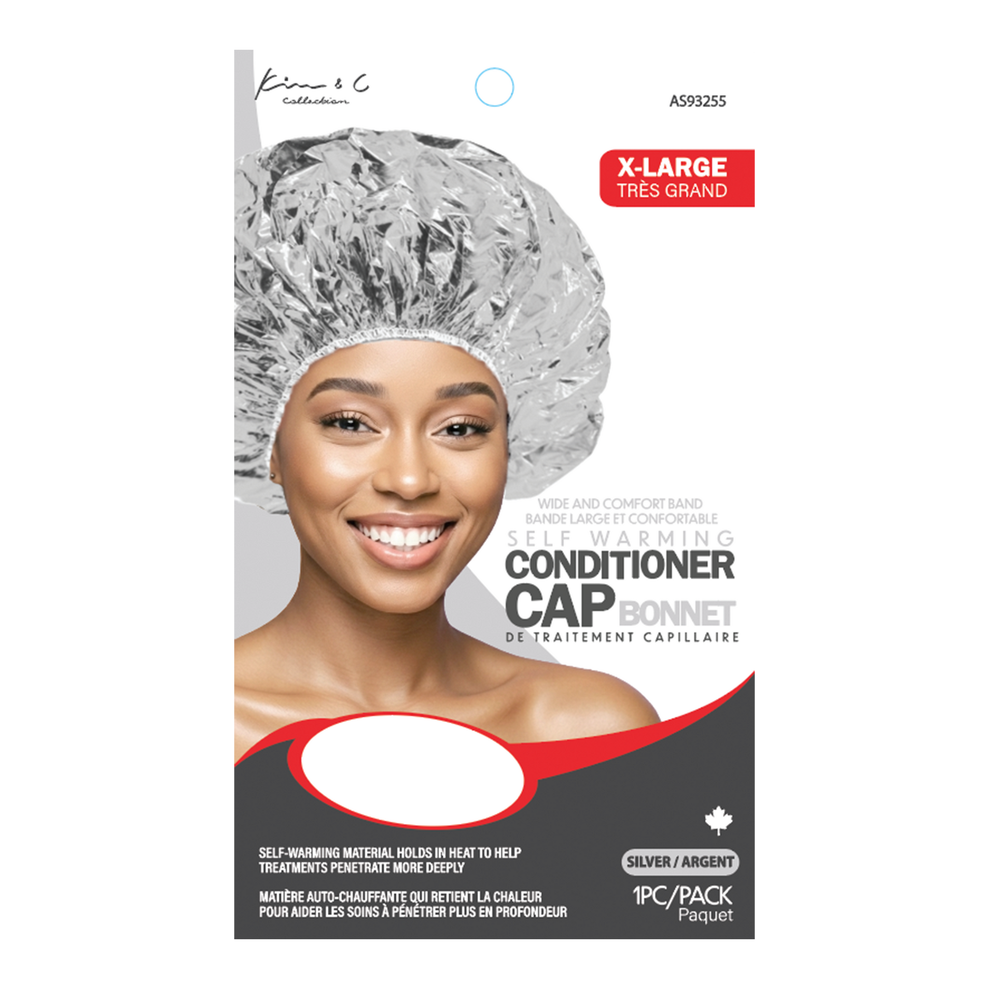 Self-warming conditioner cap bonnet packaging with a model wearing the cap on a white background.