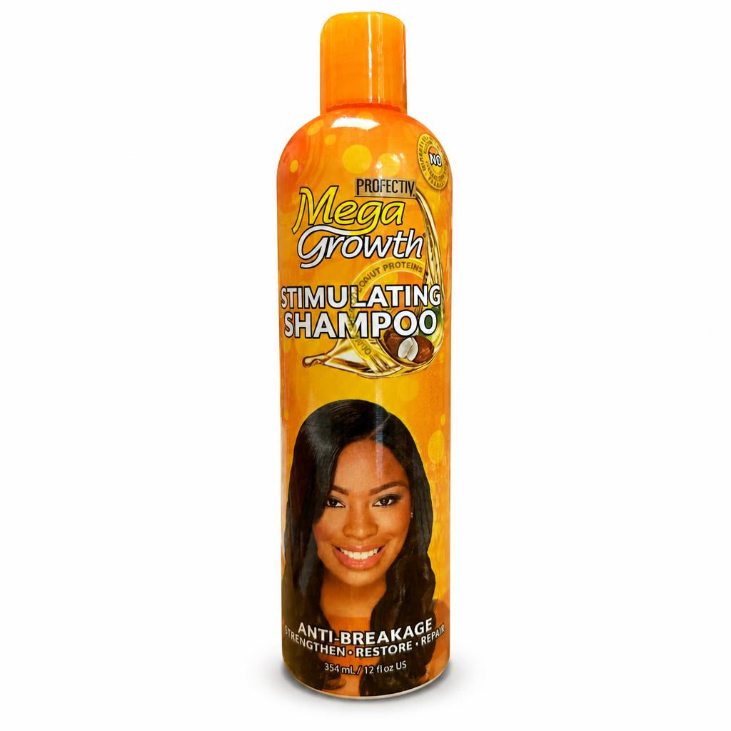 A bottle of Perfecta Mega Growth Stimulating Shampoo with a bright orange cap and label, featuring a smiling woman with long black hair on a white background.