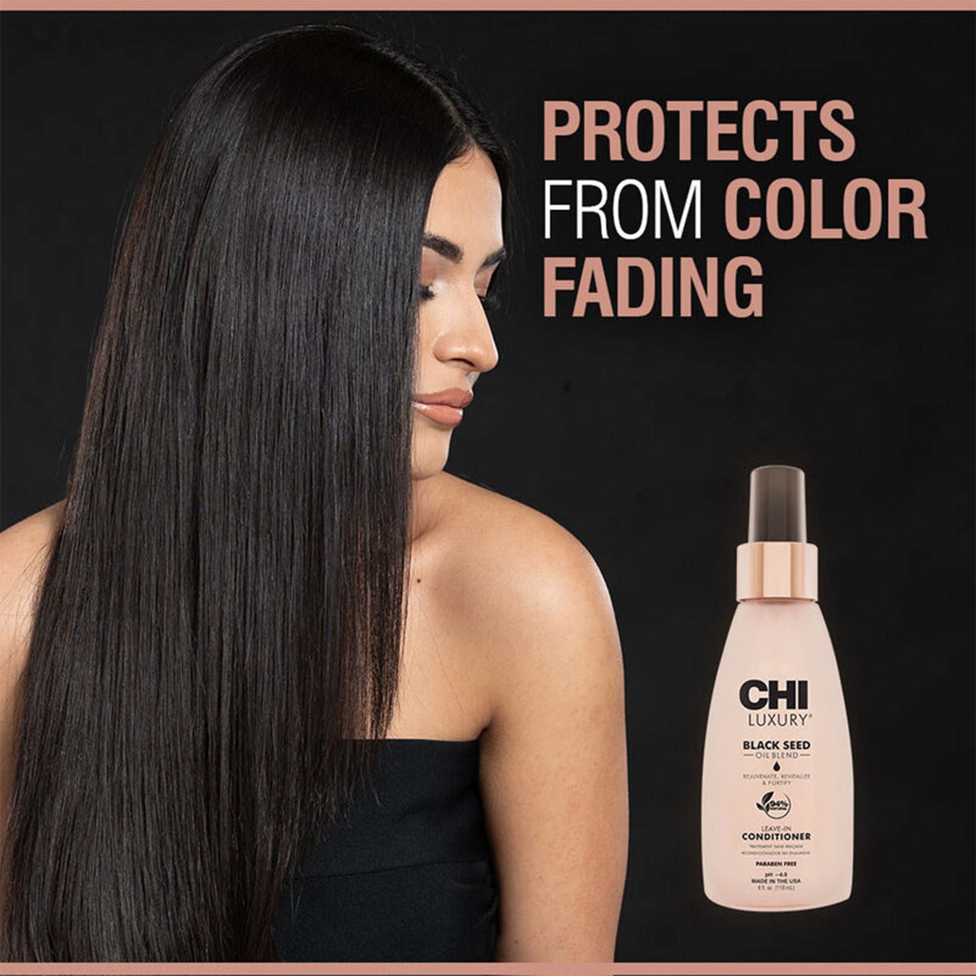 Woman with long black hair next to a bottle of CHI Luxury Black Seed product on a dark background.