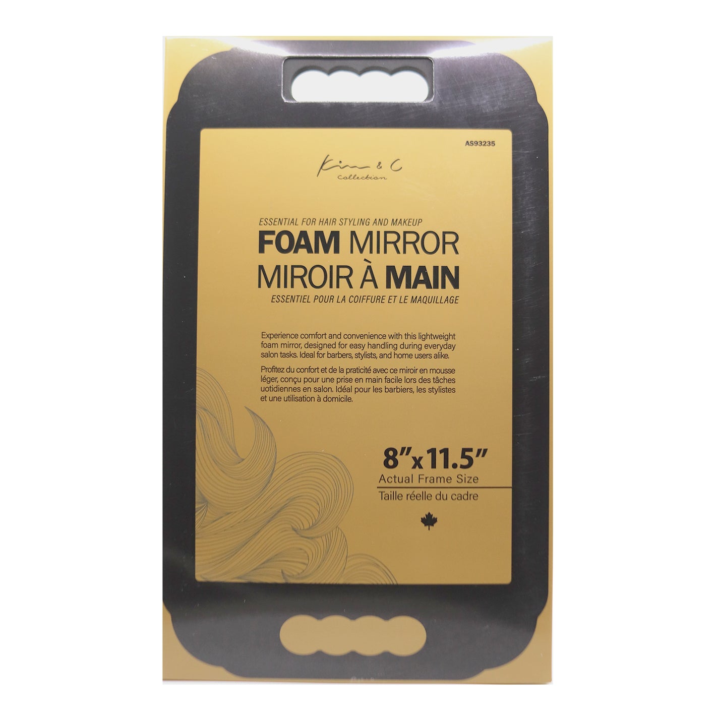 Packaging of a foam mirror with text on a white background