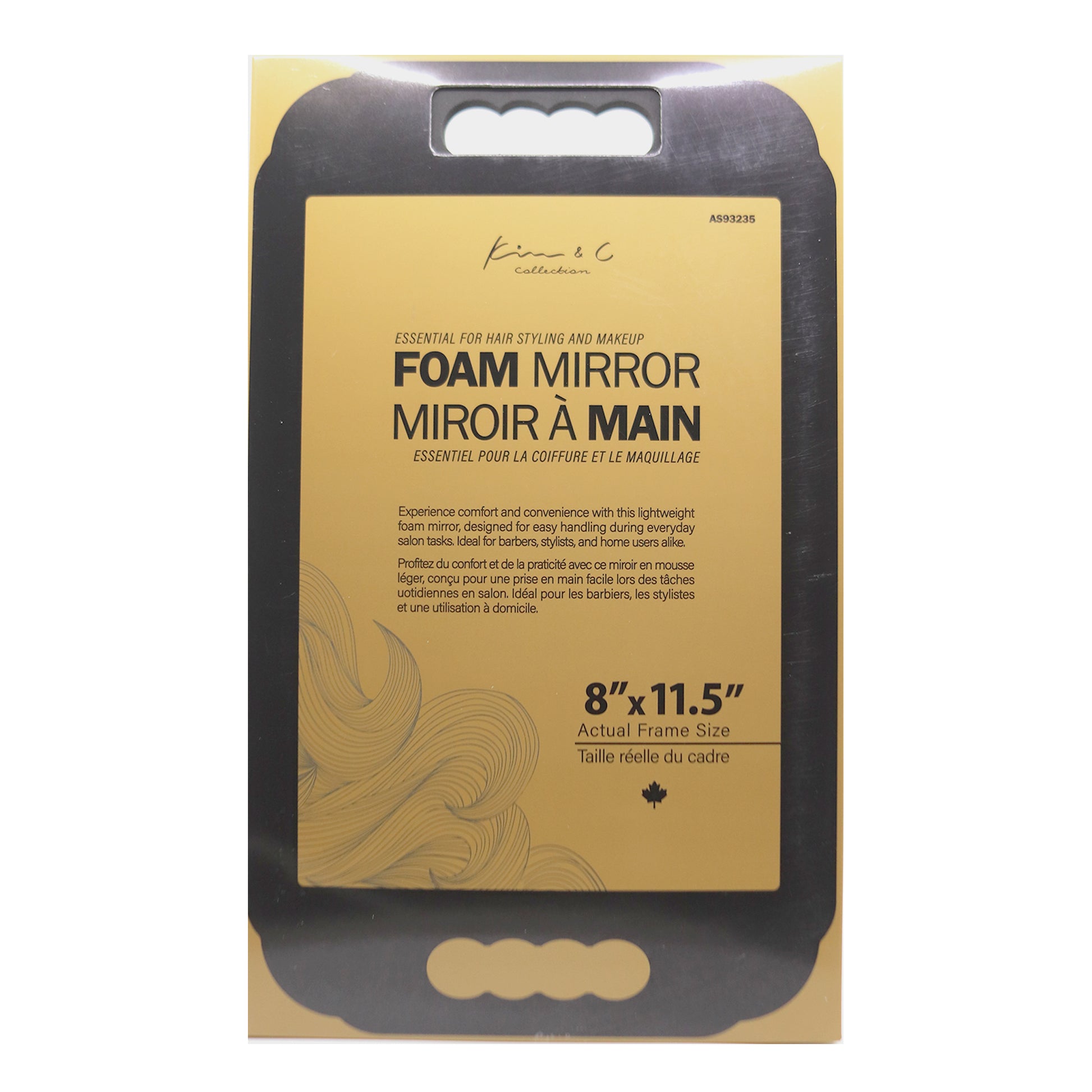Packaging of a foam mirror with text on a white background