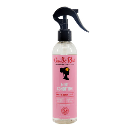 Pink bottle of Camille Rose Mint Condition hair and scalp spray on a white background