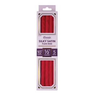 Annie brand 10-inch silky satin flexi rod in red, packaged in a tall white cardboard box with a purple label and two clear windows showing the red rods inside.