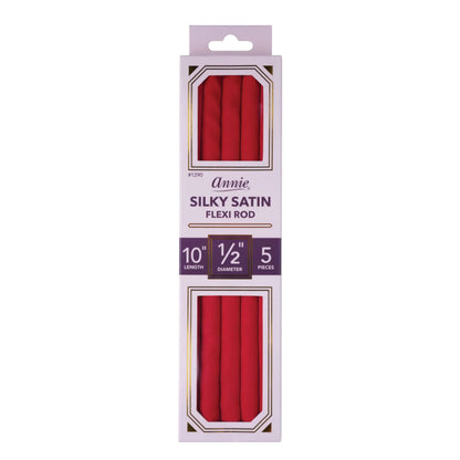 Annie brand 10-inch silky satin flexi rod in red, packaged in a tall white cardboard box with a purple label and two clear windows showing the red rods inside.