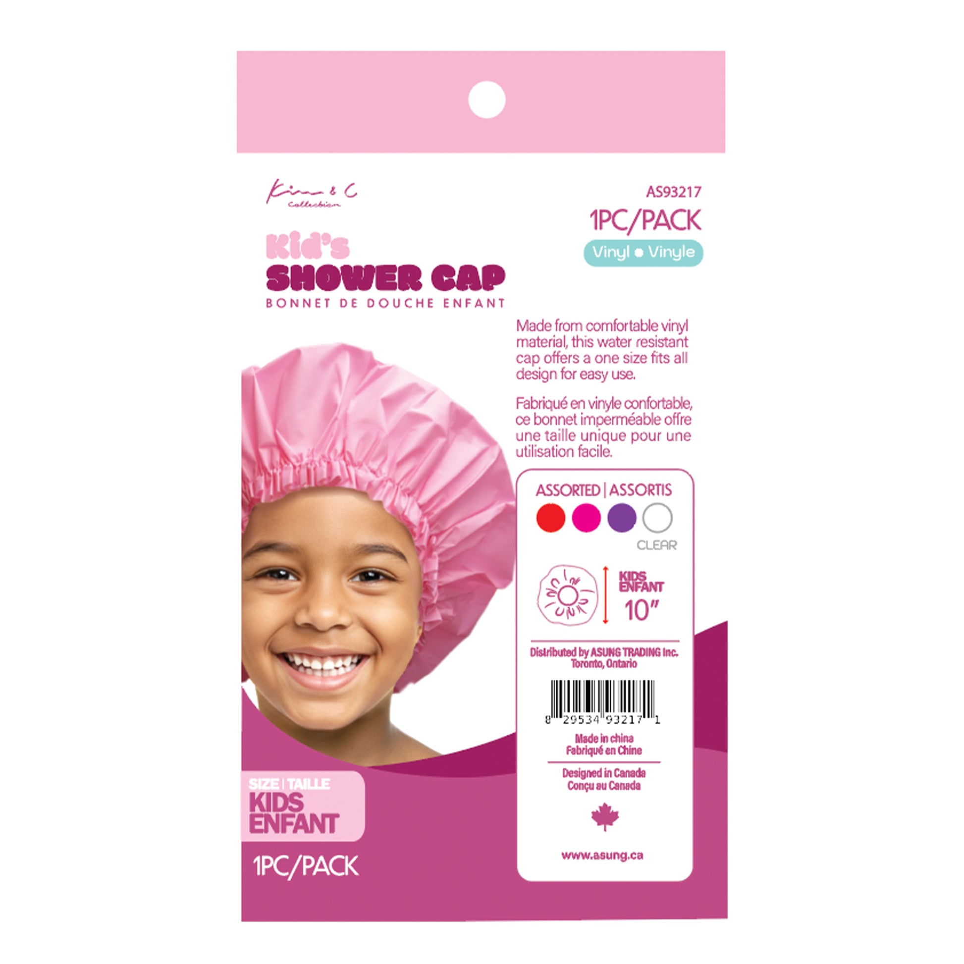 Package of pink kids' shower cap with a child wearing the cap on a white background