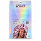 Back of the packaging for a premium satin bonnet, featuring a holographic iridescent background, product details in English and French, a barcode, and a model wearing the satin bonnet in the lower portion.