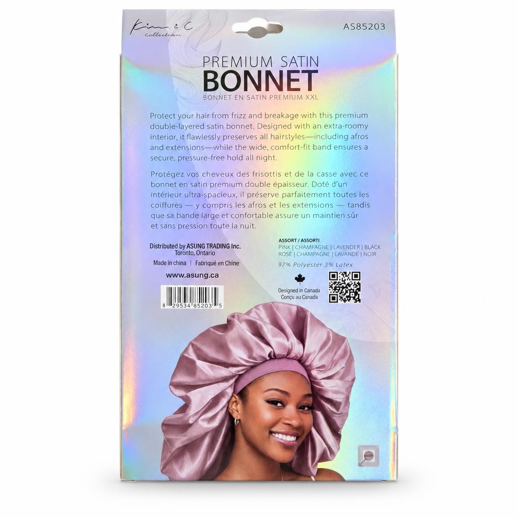Back of the packaging for a premium satin bonnet, featuring a holographic iridescent background, product details in English and French, a barcode, and a model wearing the satin bonnet in the lower portion.