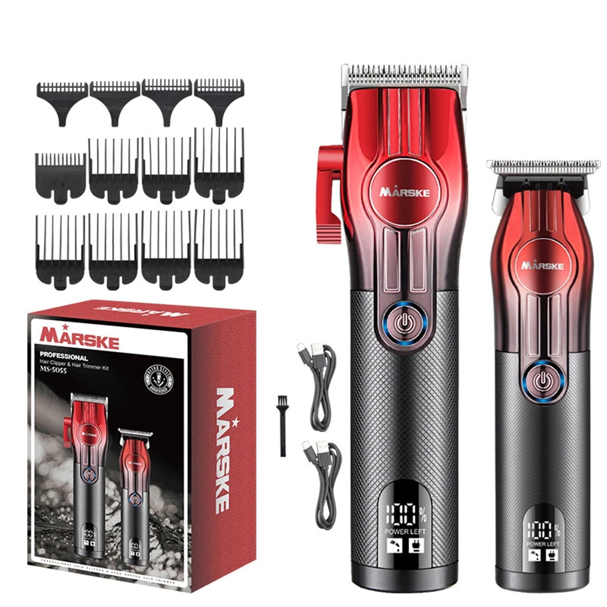 Márske hair trimmer set with attachments and packaging on a white background