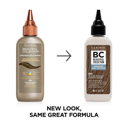 Two Clairol BC Beautiful Collection hair color bottles with a text overlay 'New Look, Same Great Formula'.