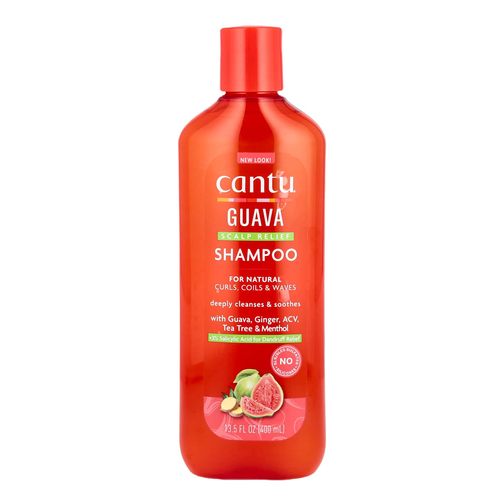 A bottle of Cantu Guava Scalp & Wave Shampoo in a vibrant red-orange translucent plastic bottle with a matching red cap, shown on a plain white background.