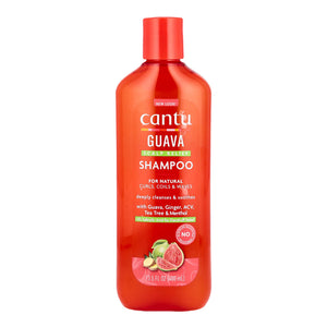 A bottle of Cantu Guava Scalp & Wave Shampoo in a vibrant red-orange translucent plastic bottle with a matching red cap, shown on a plain white background.