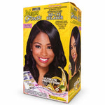 A box of Mega Growth No-Lye Relaxer hair dye on a plain white background. The packaging is bright yellow with a large photo of a woman with long, black, wavy hair and text highlighting 'Super Strength' and 'Ultimate Protection'.
