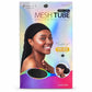 Packaged black mesh tube hair extension by Kim & C Collection, featuring a model wearing the black head covering and a circular inset showing the black mesh material.