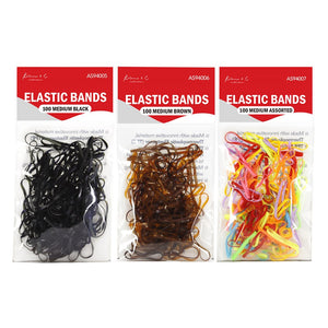 Three packages of elastic bands with different color options on a white background