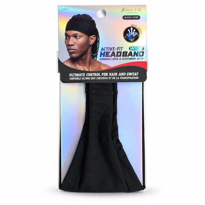 Black Active-Fit Control Headband by Passion & Co. in its original retail packaging, featuring a model wearing the headband on the front card.