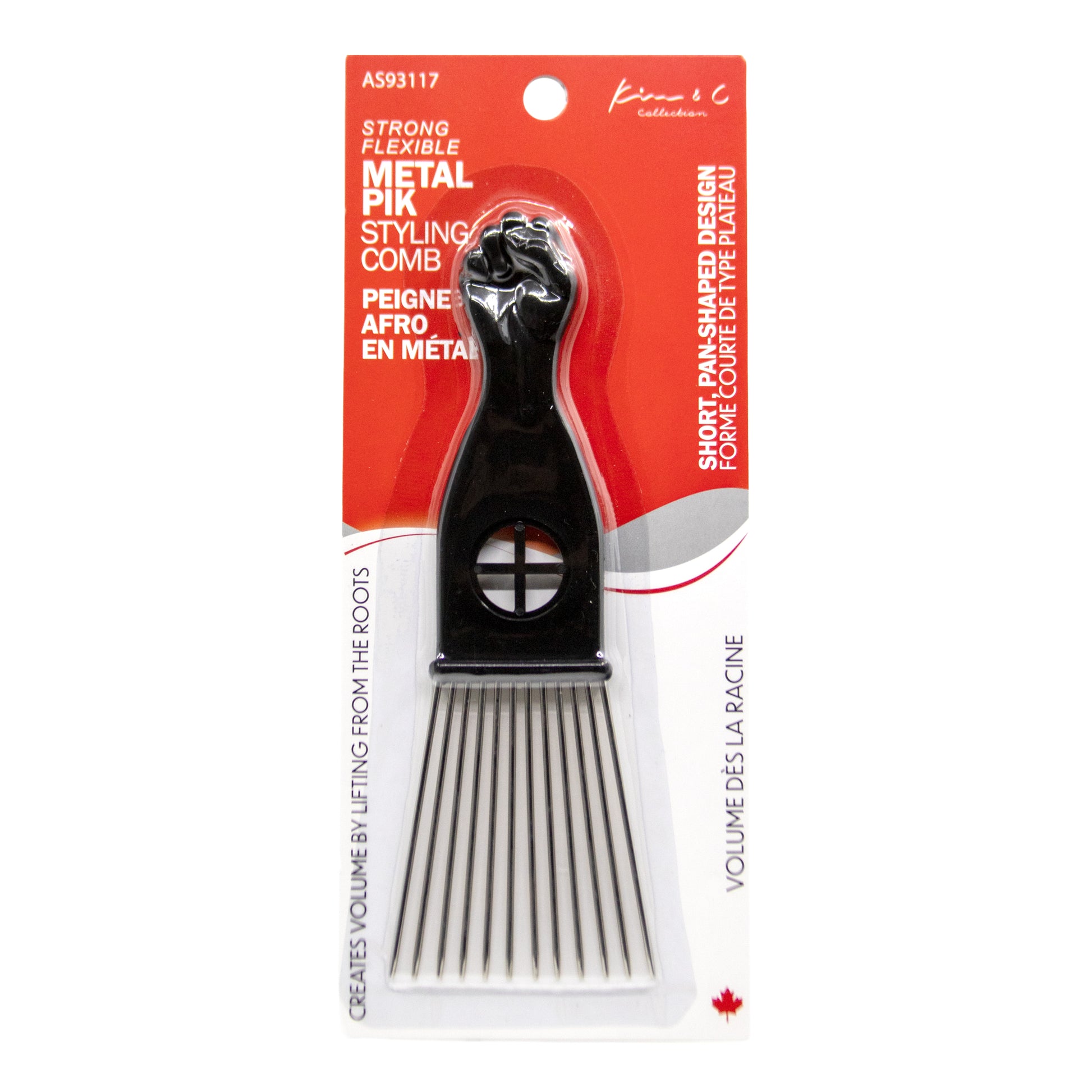 Metal pik styling comb in packaging with red background