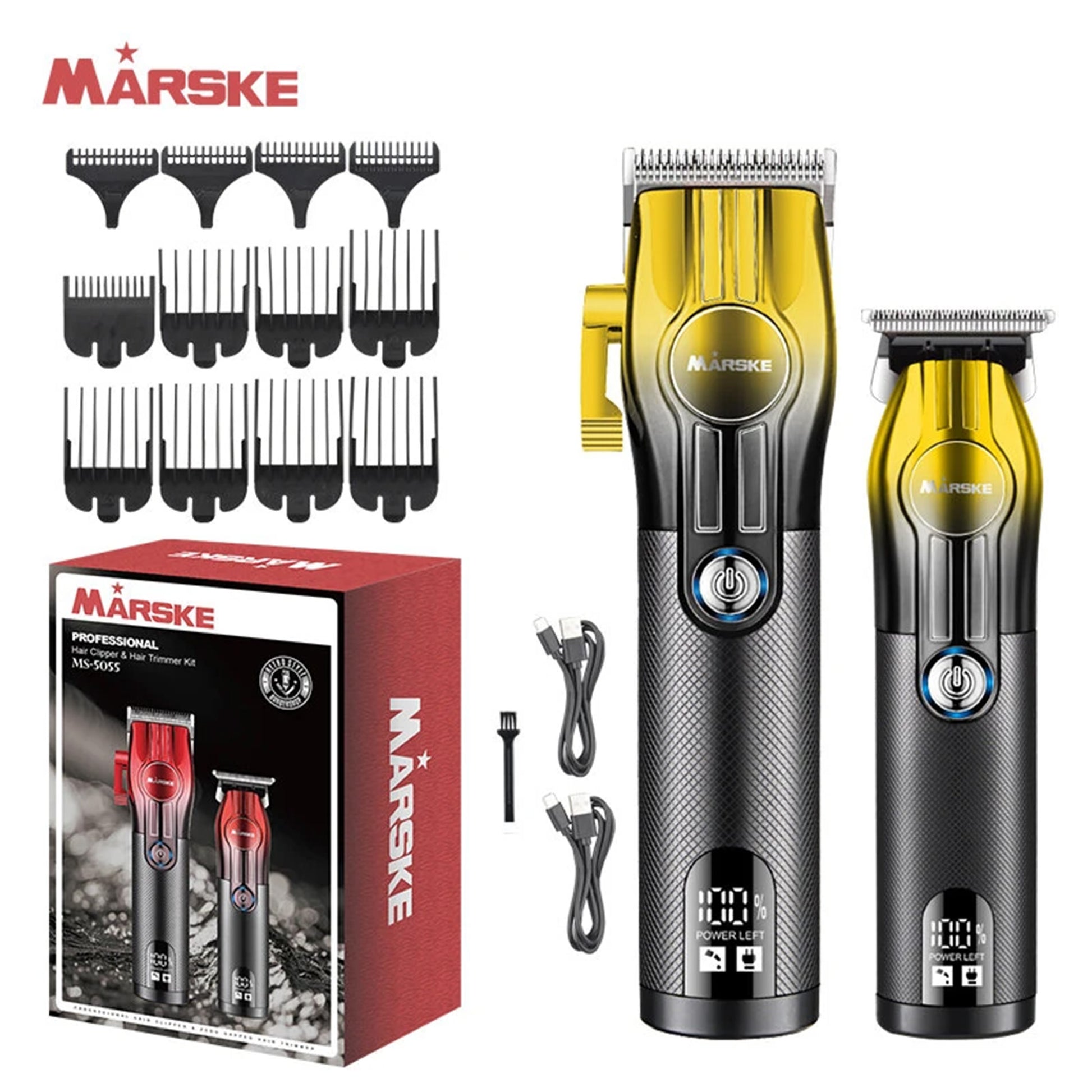 Márske hair trimmer set with attachments and packaging on a white background