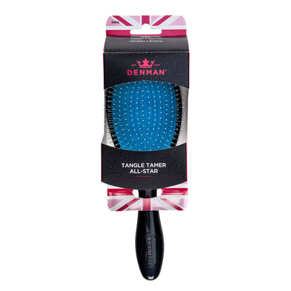 Denman Tangle Tamer All-Star hairbrush in packaging with Union Jack design on a white background