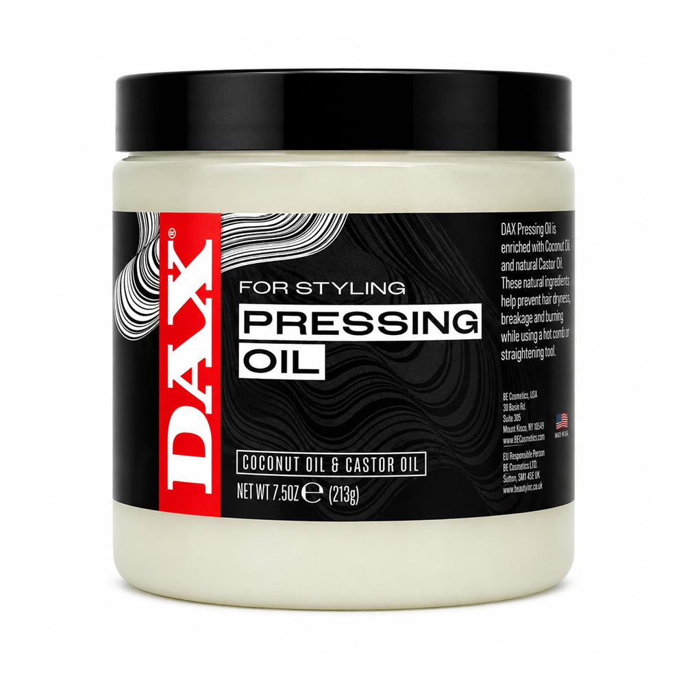 A 7.5 oz jar of DAX Pressing Oil, featuring a black lid and a black label with a red vertical DAX logo, containing coconut oil and castor oil.