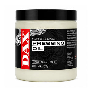 A 7.5 oz jar of DAX Pressing Oil, featuring a black lid and a black label with a red vertical DAX logo, containing coconut oil and castor oil.