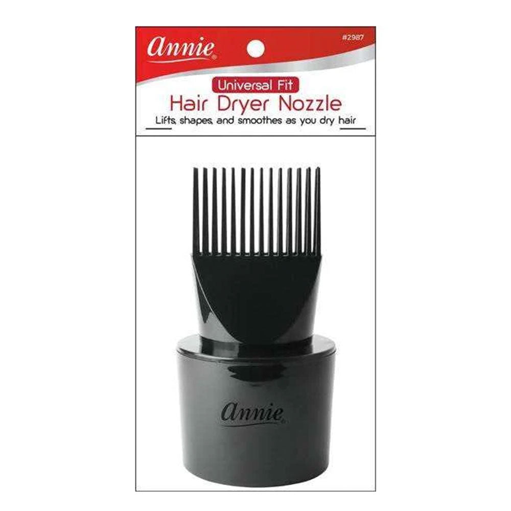 Annie Universal Fit Hair Dryer Nozzle in black, shown in its retail packaging with a red header card.