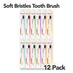 Pack of 12 soft bristle toothbrushes with colorful handles on a white background.