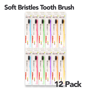 Pack of 12 soft bristle toothbrushes with colorful handles on a white background.