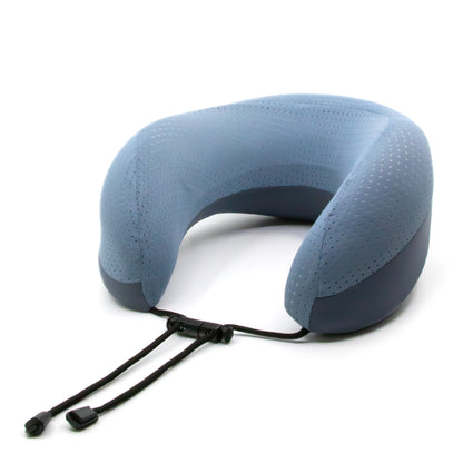 Blue neck pillow with a black strap on a white background