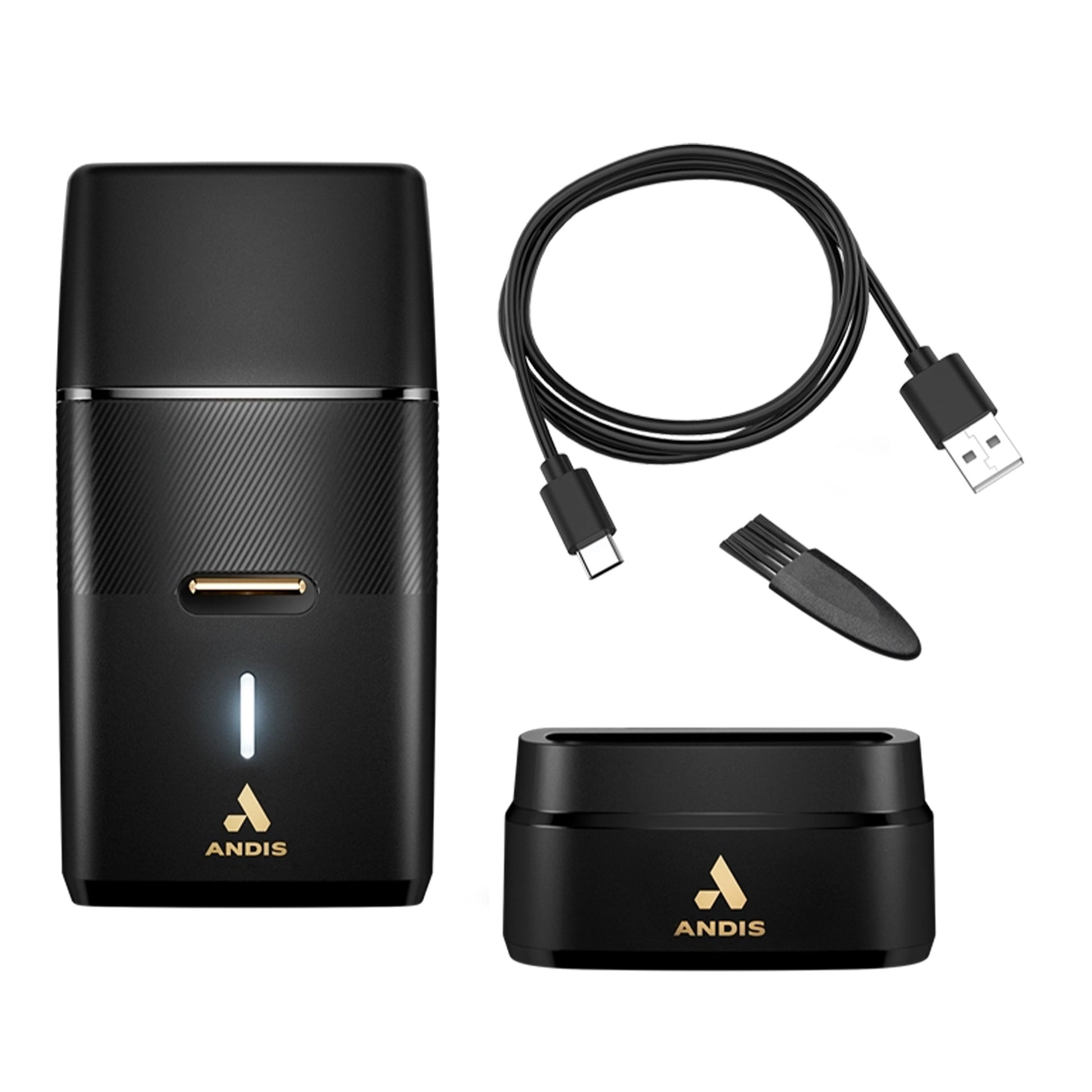 Black ANDIS electronic device with charging cable and dock on a white background