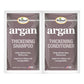 Two Difeel argan thickening shampoo and conditioner packets on a white background