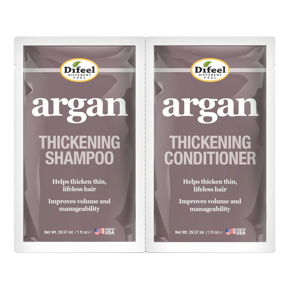 Two Difeel argan thickening shampoo and conditioner packets on a white background
