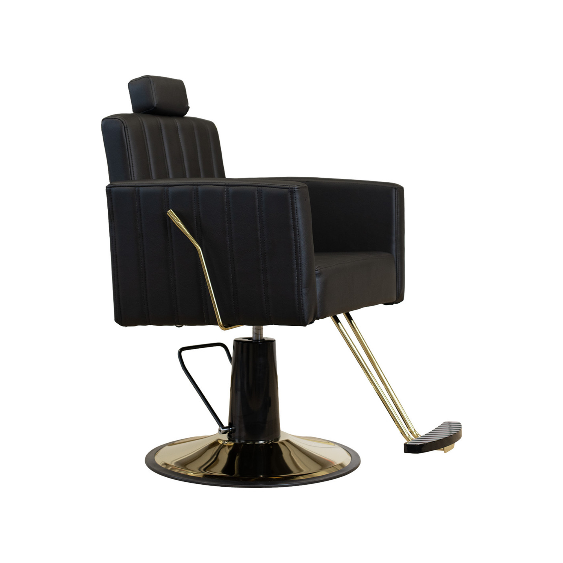 Black barber chair with gold accents on a white background