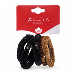 Three plush hair ties from the Kim & C Collection, featuring black, dark brown, and light brown faux fur textures with wooden beads, attached to a red cardboard hanger.