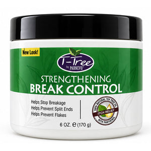 A 6 oz white plastic jar of T-Tree by Parnevu Strengthening Break Control with a black lid and a green label, shown on a white background.
